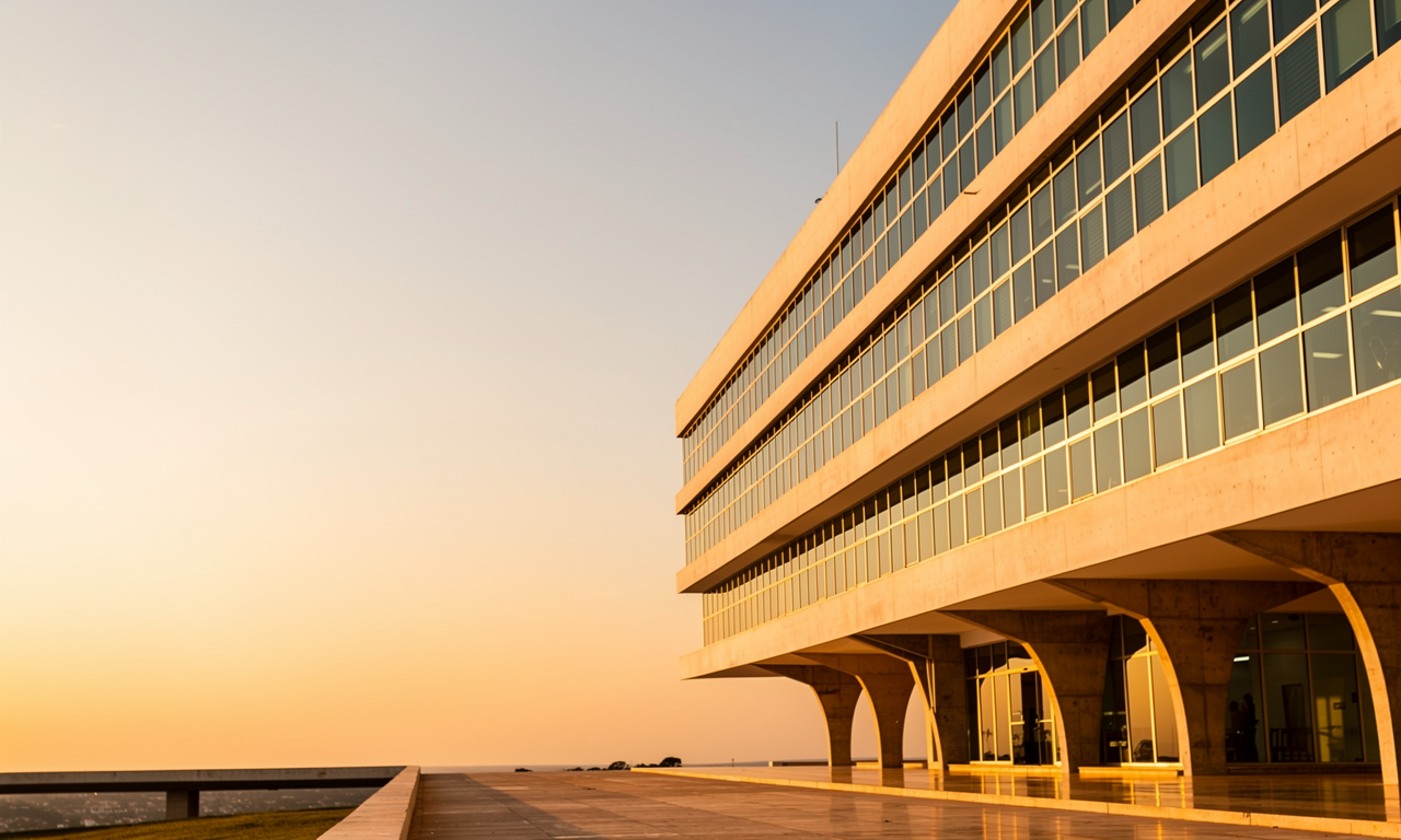 Fachada institucional moderna em tons dourados ao entardecer, evocando a arquitetura de Brasília